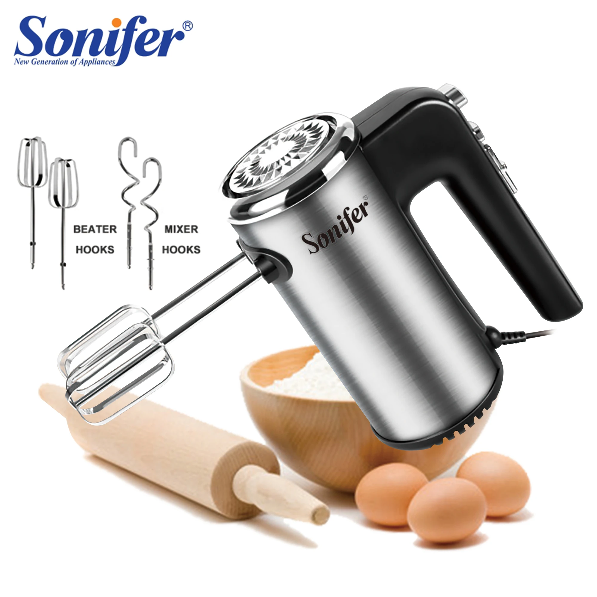 Food Mixer Electric Stainless Steel Kitchen Blender With Dough Hooks Chrome Egg Beater Hand Mixers Machine For Bakery Sonifer