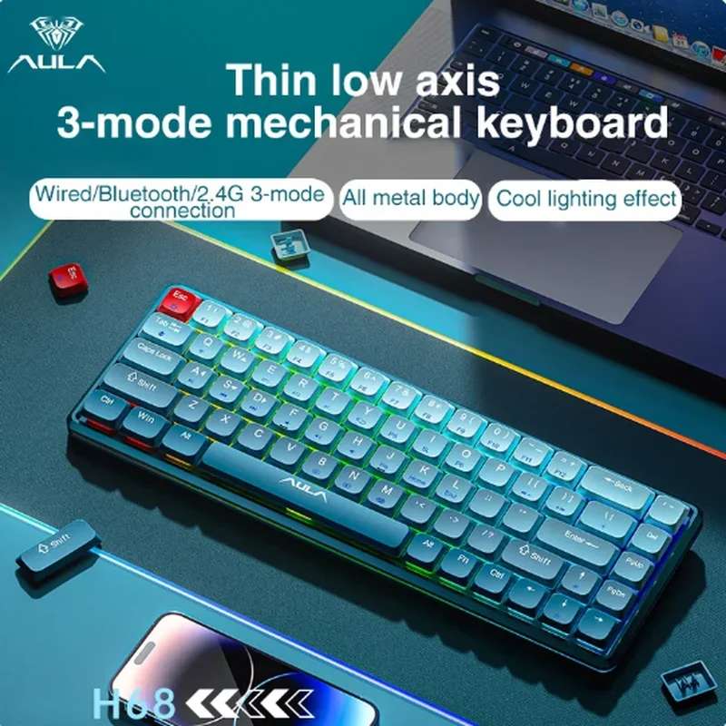 

Aula H68 2.4g Wireless Bluetooth Mechanical Keyboard 3 Modes Rgb Gaming Keyboard 68 Keys Hot-swap For Pc Laptop Gamer