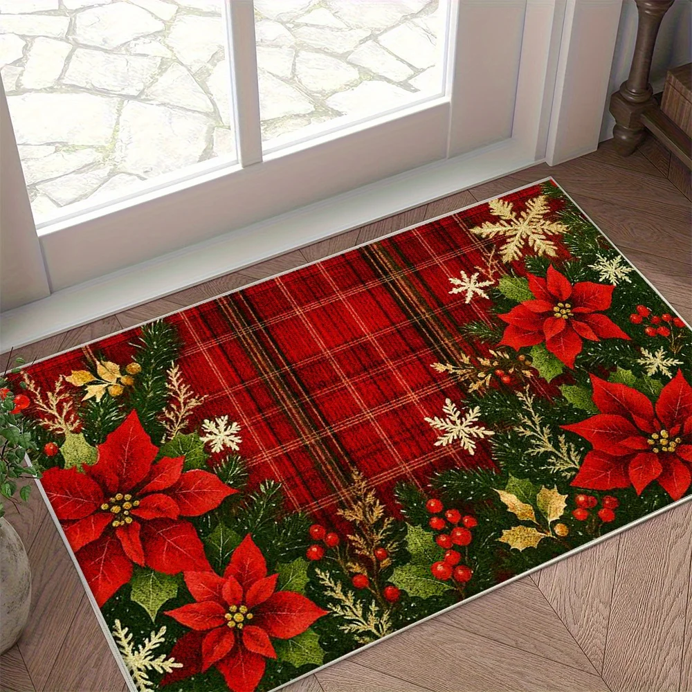 VIKAMA Classic Christmas Decor Doormat Red Buffalo Plaid Vibrant Poinsettia Berries Snow‑flakes Graphic Soft Non‑slip Floor Mat
