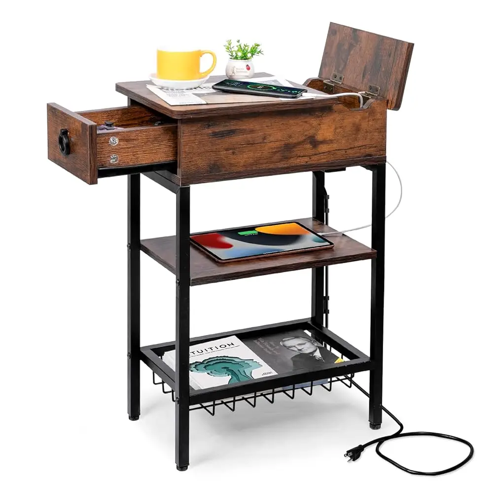 

Skinny End Tables with USB Ports and Outlets for Living Room, Slim Nightstand with Charging Station for Bedroom,Chair Side Ta