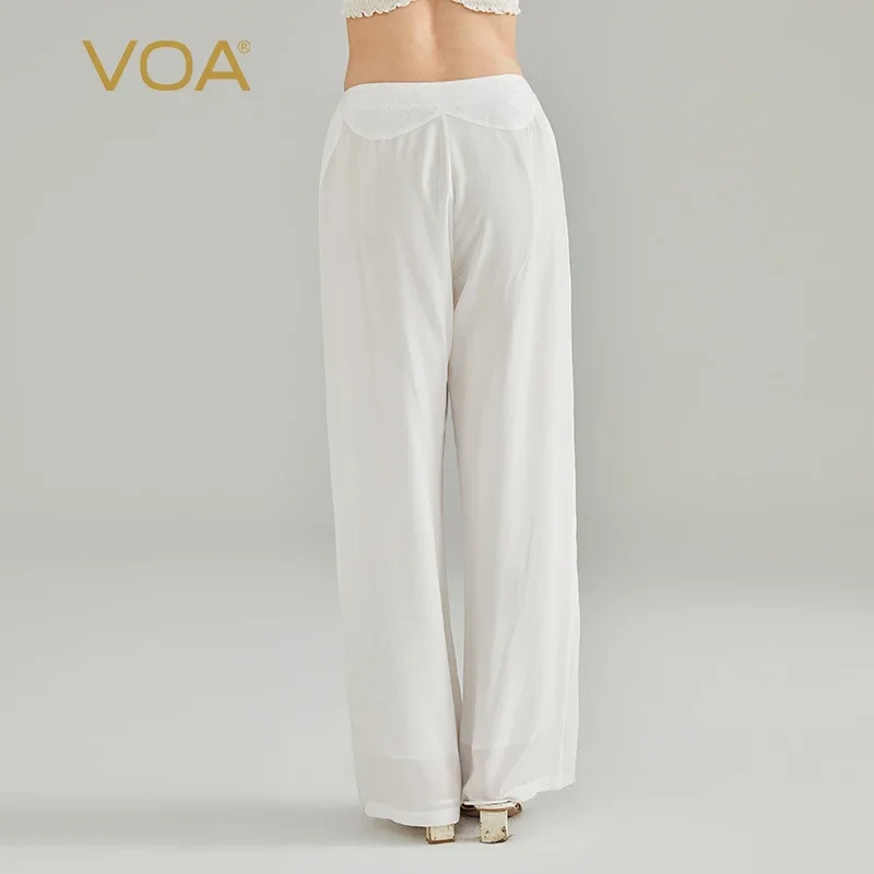 VOA Silk Double Layer Litchi White Spliced Jacquard Brocade Natural Waist To Silk Craft Side Pocket Silk Straight Pants KE989