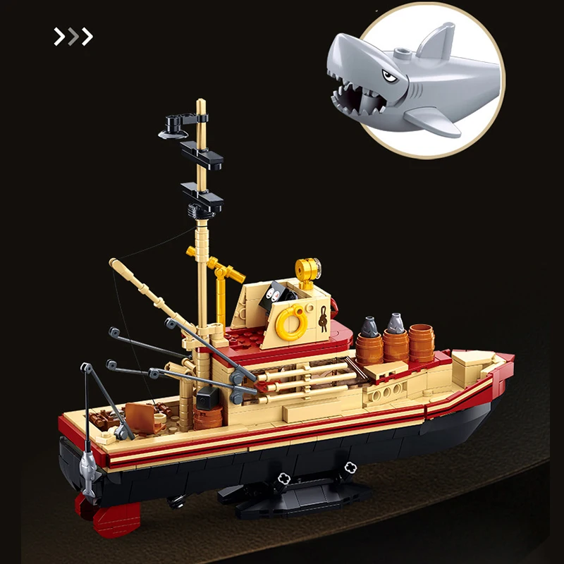 New Sluban Fishing Boat Building Blocks Bricks Ship Fisherman Action Figures Fish Store White Shark Moc Diy Model Toys Kids Gift