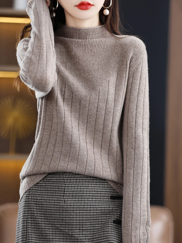 100% Pure Wool Women Sweaters Soft Warm Half-high Collar Casual Pullovers Spring Autumn Female Long Sleeve High Quanlity Jumper