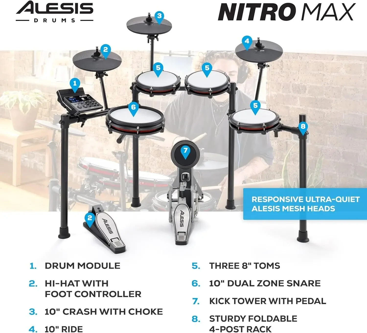 مجموعة أدوات الطبول الكهربائية Alesis Nitro Max Kit مع وسادات شبكية هادئة، كمين مزدوج المنطقة مقاس 10 بوصات، بلوتوث، 440+ أصوات أصلية، Drumeo، USB