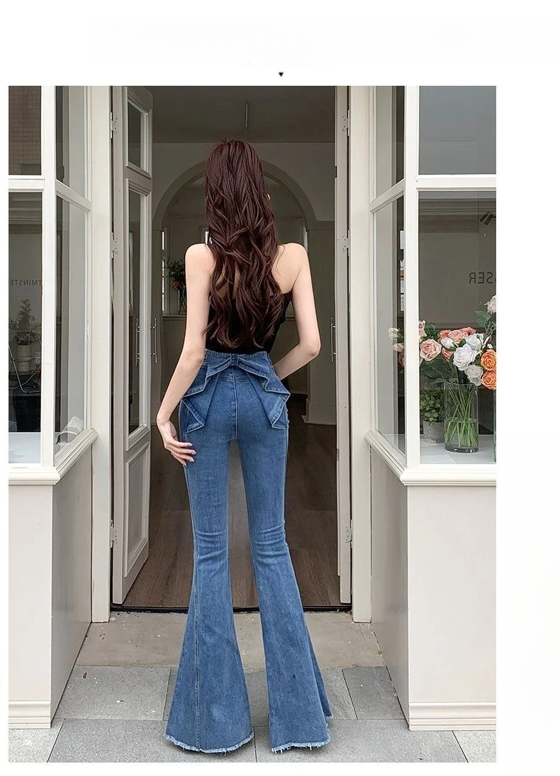 Bow Tie Jeans Women's American Vintage Three-dimensional Micro-large Summer Thin Pants New High-waisted Skinny Hip Flare Pants