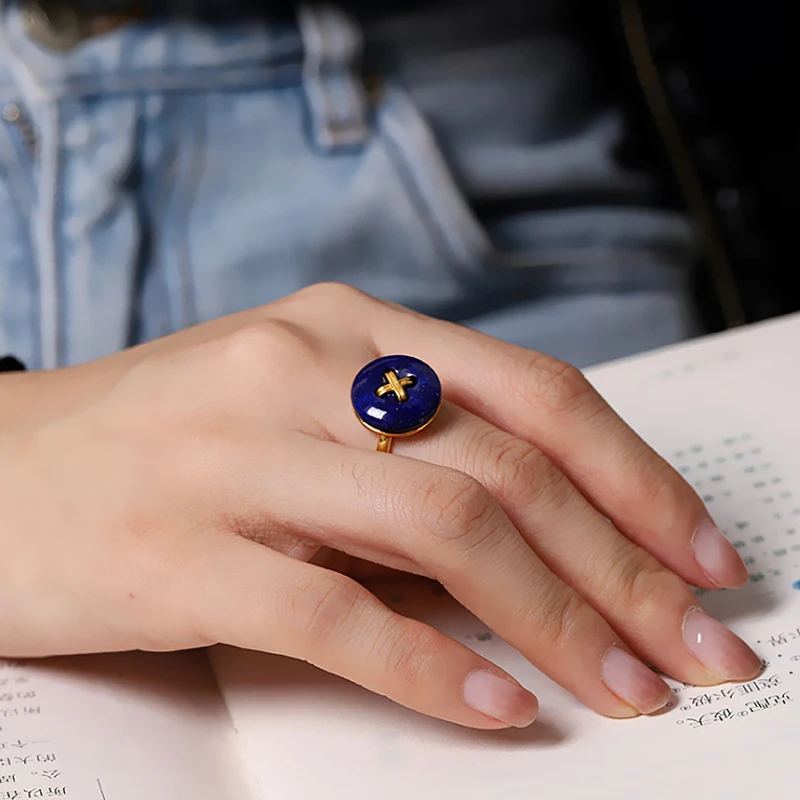 MIQIAO Button Ring Natural Stone Lapis Lazuli 925 Sterling Silver Gold-Plated Color Jewelry For Women Adjustable Fine Gift