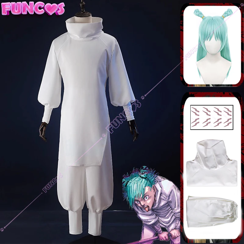 Hajime Kashimo Cosplay Costume Wig Jujutsu Kaisen Season 2 White Uniform Tattoo Sticker The God of Lightning Green Hair Anime