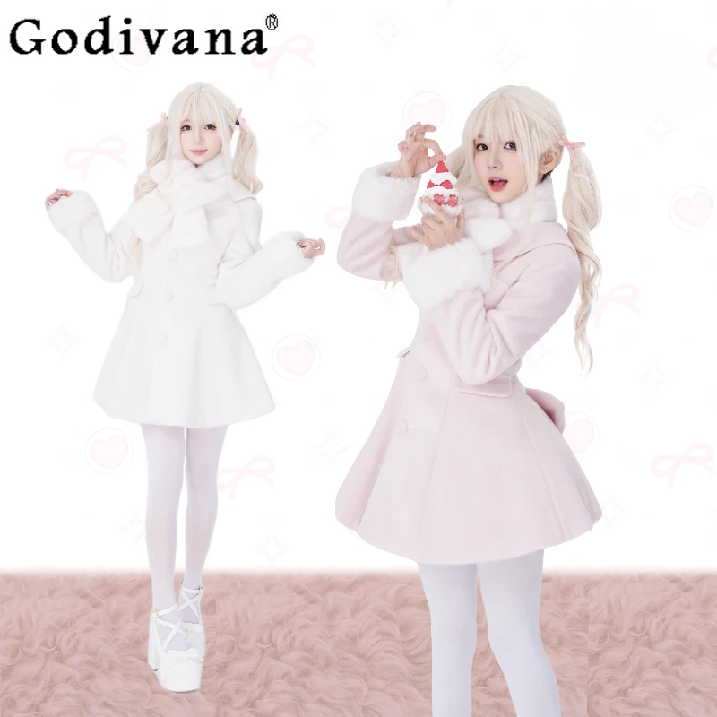 

Original Lolita Sweet Girls Woolen Jackets Autumn Winter New Women's Slim Fit Elegant Warm Thick Long Overcoat with Plush Scarf