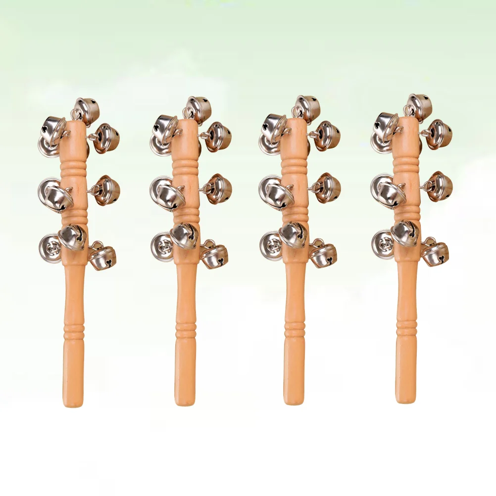 4pcs Baby Rattles Wooden Handle Rattles Baby Bell Handbells Prelearning Toys Hand Shaking Bell Music Toy (Wood Color)