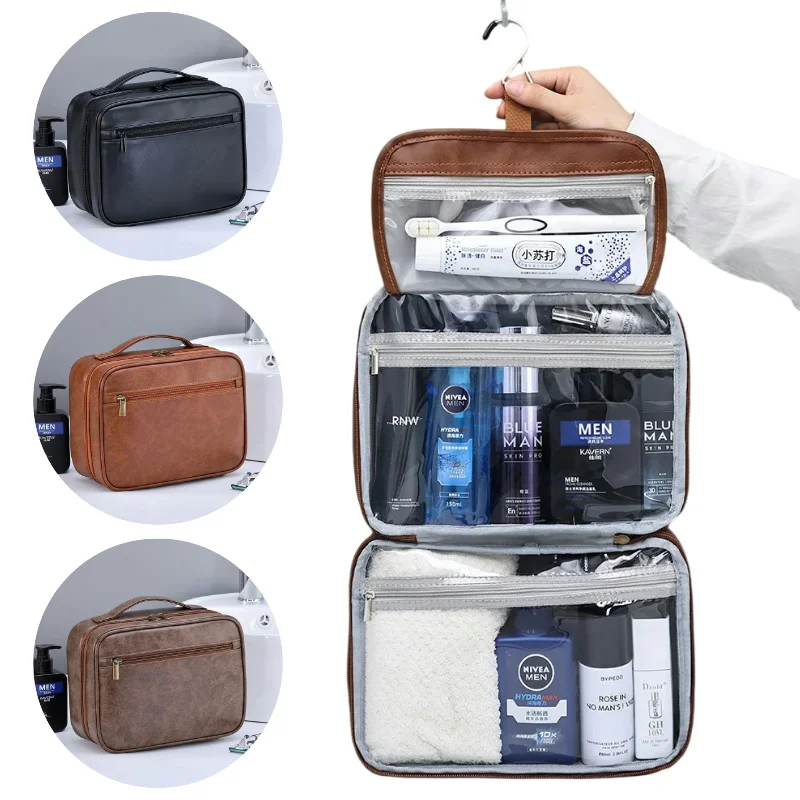 Men Women Travel PU Leather Toiletry Cosmetic Bag Portable Hanging Toiletry Bag Makeup Cosmetic Organizer Case For Bathroom