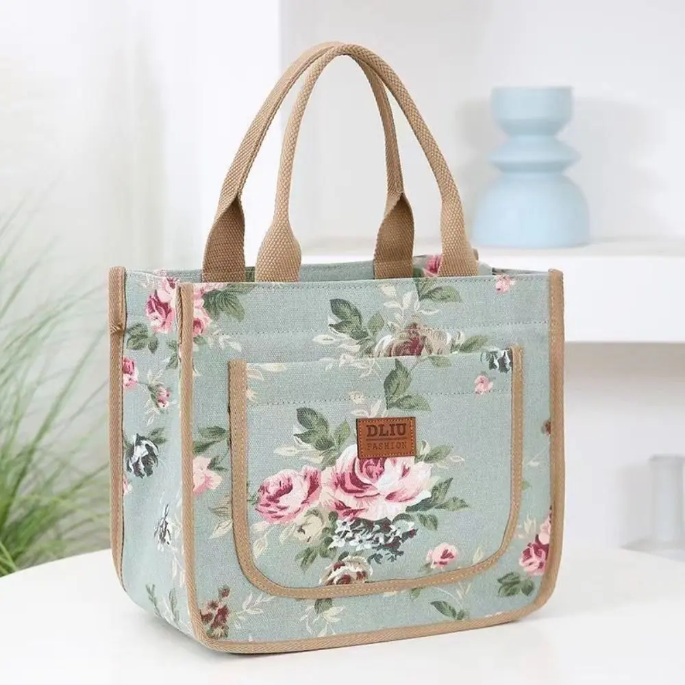 

Insulated Floral Print Lunch Bag Foil Lining Flower Thermal Picnic Bag Large Capacity Zippered Canvas Handbag Worker