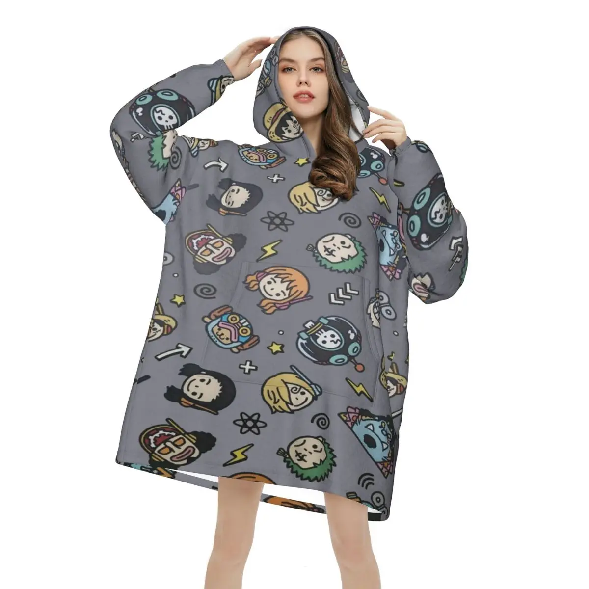 لوفي زورو توني تشوبر أنيمي بطانية هوديي البلوز طويل الصوف مقنعين بطانية يمكن ارتداؤها مع جيب كبير للنساء الرجال #2