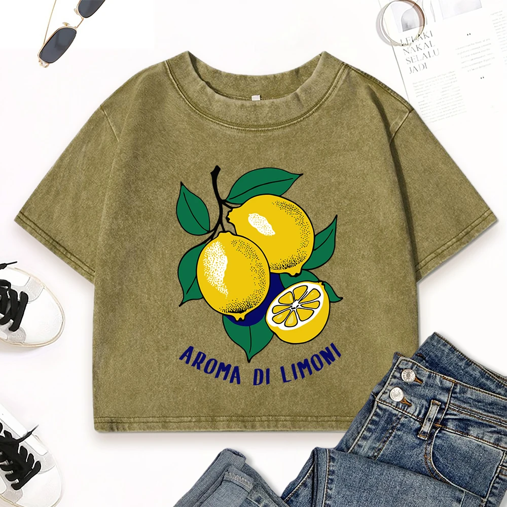 

Aroma Di Lemons Fruit Prints Women Washed T Shirt Fitness Y2K Clothes Street Summer Short Sleeve Cotton Hip Hop T-Shirt
