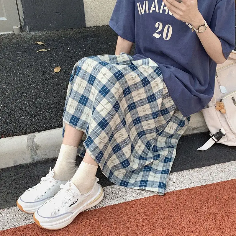 Blue Plaid Skirt Cheap Casual A-line Balloon Skirt Women\'s Summer Long Skirt for Woman Kawaii Clothes  Elegant Women\'s Skirts