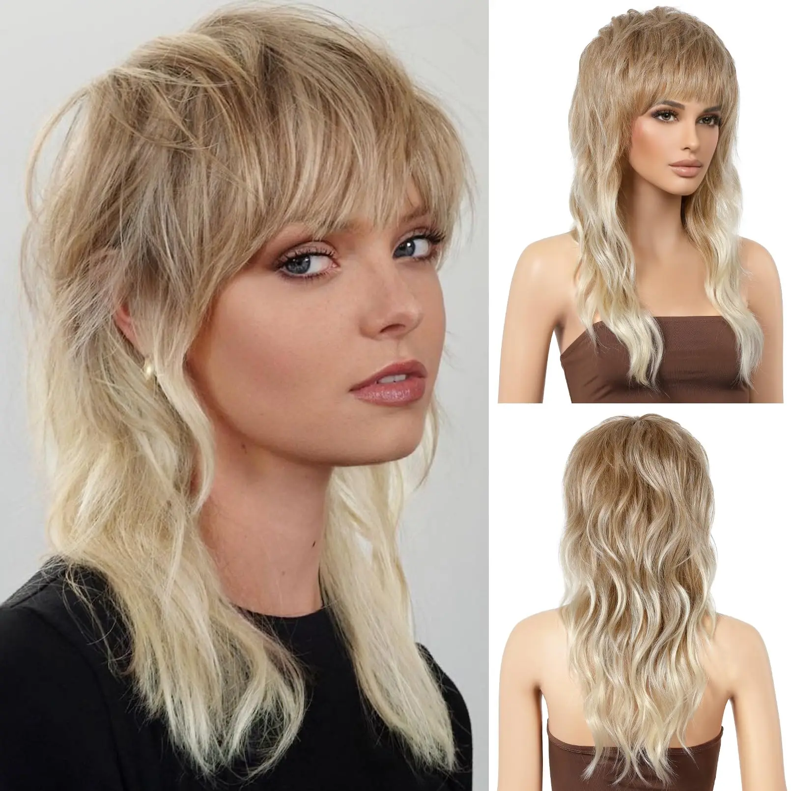 16Inch Short Mullet Wig with Bangs High Quality Ombre Blonde Wolf Cut Loose Wave Synthetic Wig for Women Everyday Wear Halloween