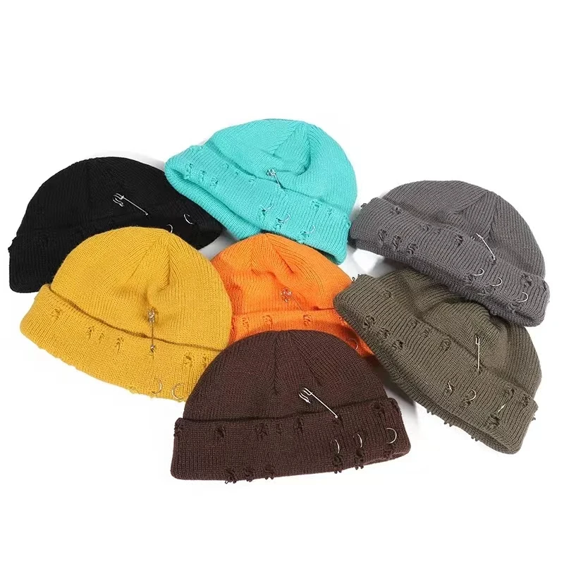 9 Colors Fashionable Ladies Winter Warm Knitted Caps 3 Metal Ring Buckled Hat Cool Pure Hip Hop Hats for Women