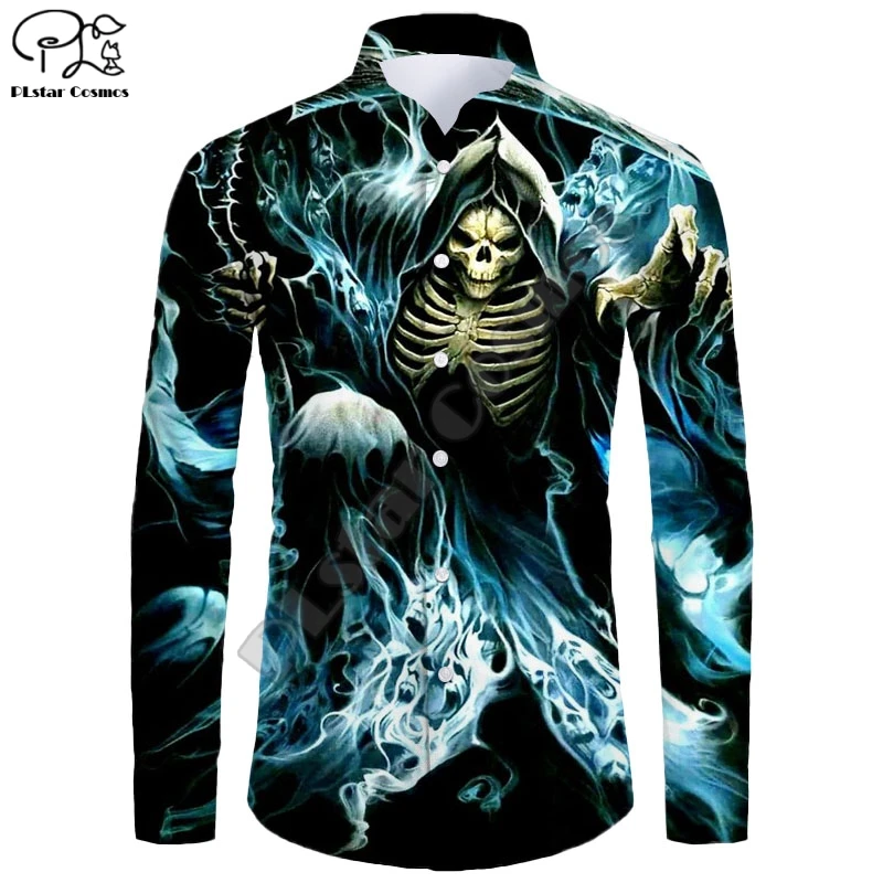 New Hawaiian Shirt 3D Printing Halloween Series Grim Reaper Skull Ghost Cat Long Sleeve Shirt Casual Unisex Shirt W-3