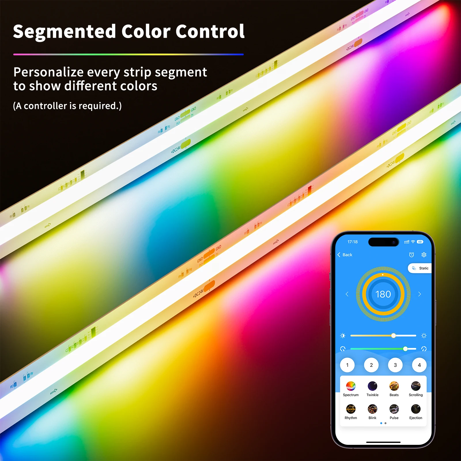 Imagem -02 - Fita Led Rgb Endereçável Cob Decoração Flexível a Cores Impermeável Ip65 dc 12v 24v 630 Leds m m 10m