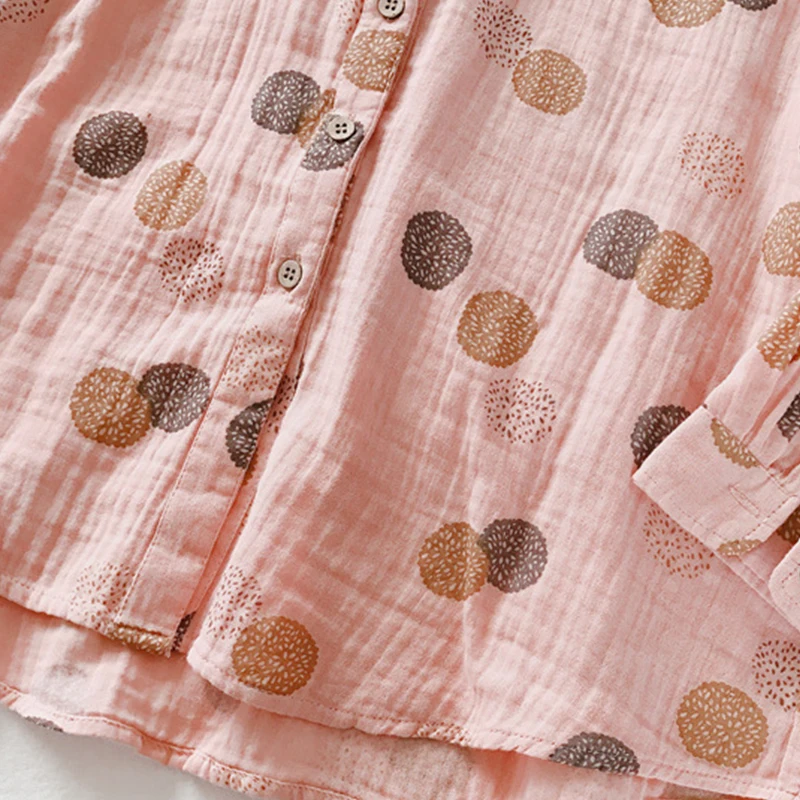 Casual doce impresso duplo algodão tops para mulheres, solto Turn Down Collar, camisas de manga comprida, roupas de primavera, U411