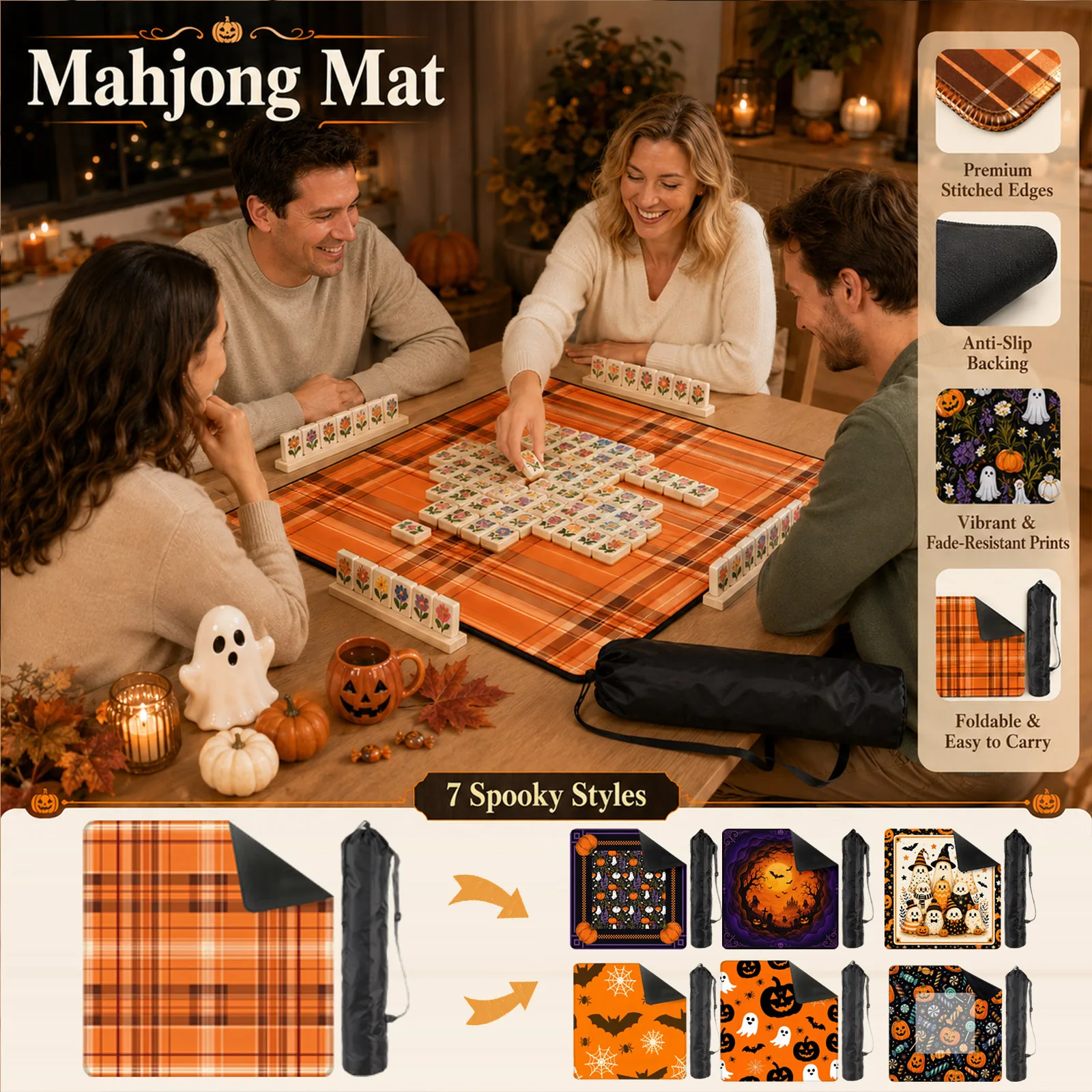 Halloween Pumpkin Ghost Elements Decorative Table Pad for Mahjong Party Home Table Placemat Foldable Durable Multipropose Mat