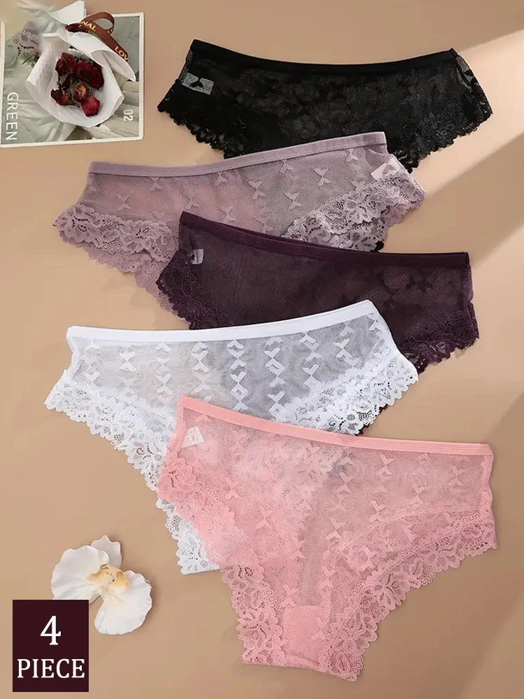 4PCS Women's Lace Bikini Briefs Transparent Lingerie Sexy Female Underpants Floral Lace Panties Perspective Waist Band Brief
