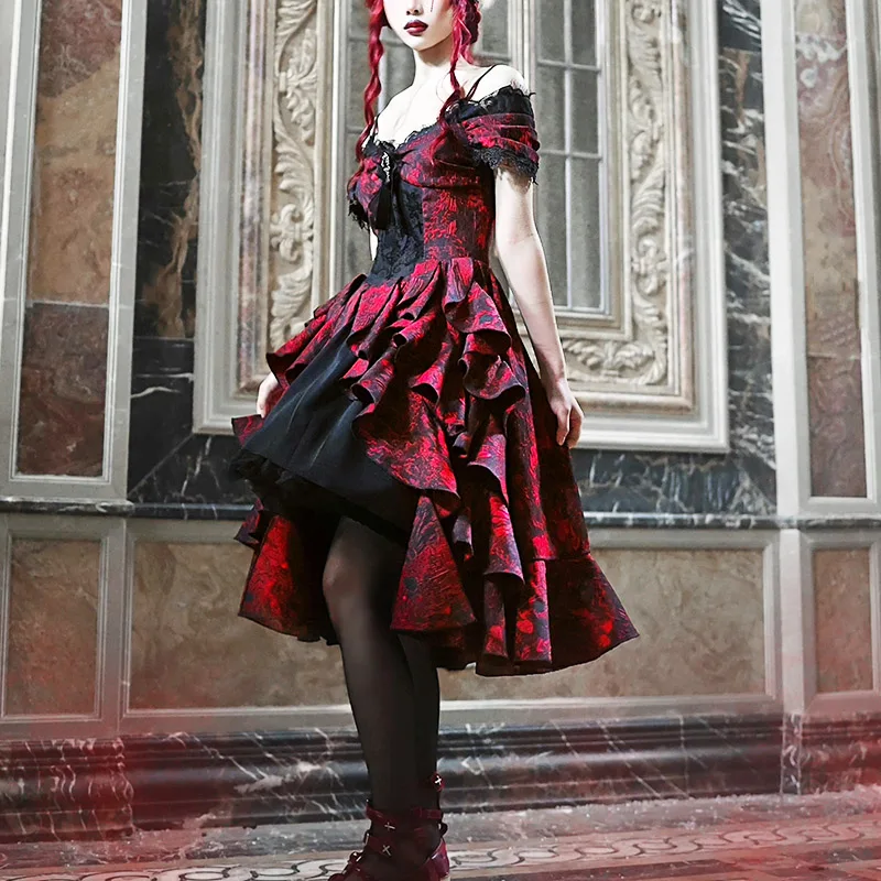 2024 Y2K Japanese Steampunk Punk Asymmetrical Gothic black and red jacquard one shoulder Palace wave Dress for women in summer