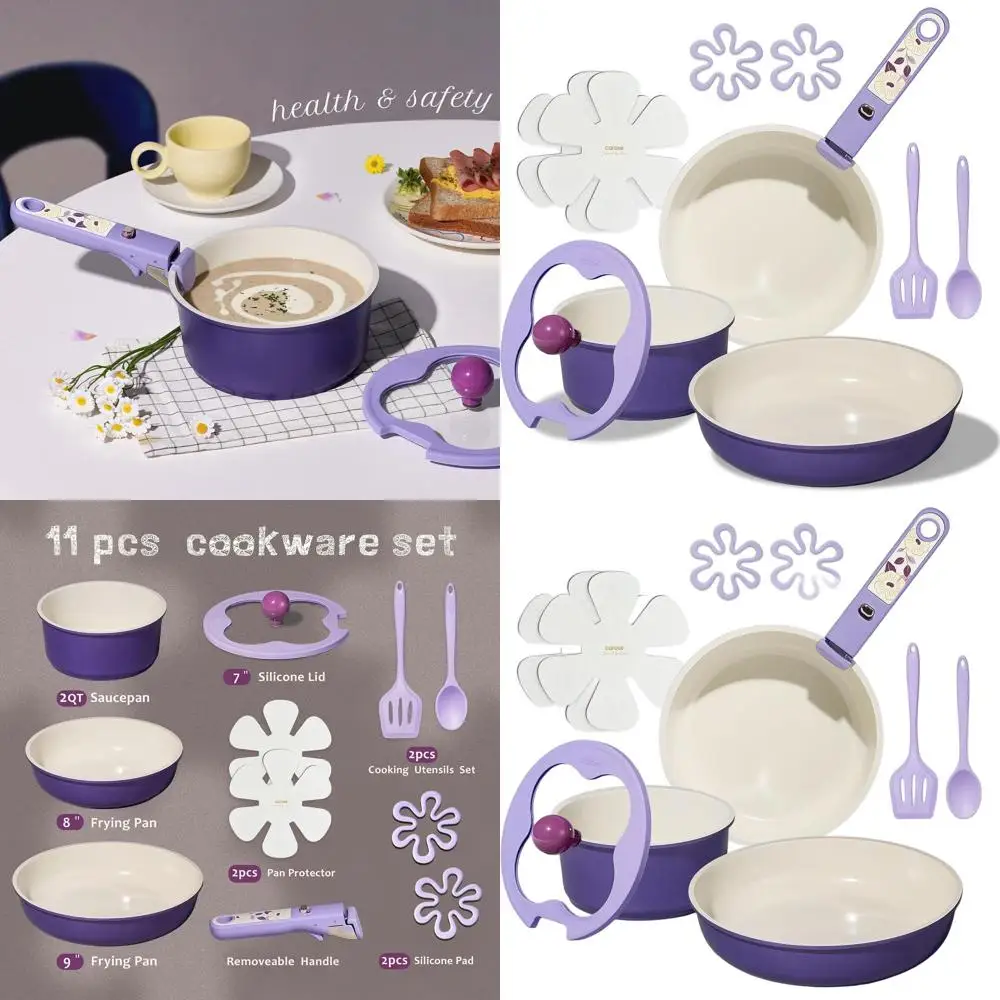 

Фиолетовый антипригарный набор керамической посуды из 11 предметов со съемной ручкой, индукционная совместимость, можно мыть в посудомоечной машине и в духовке, идеально подходит для автофургона