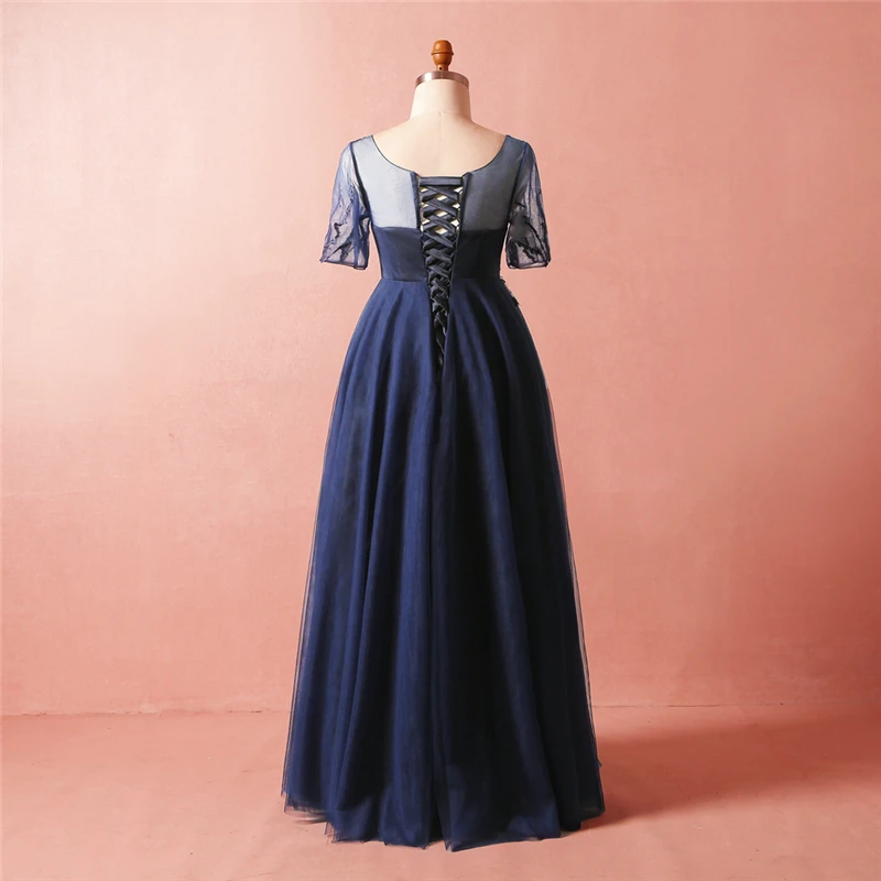 

Elegant V-Neck Navy Blue Mother Of The Bride Dresses Sleeves Gossamer Exquisite Embroidery Formal Evening Party Gowns