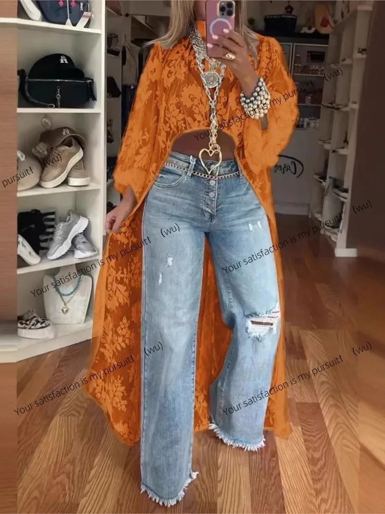 ZOCI-Atasan Renda Wanita, Kaos Kerah Bulat Modis, Lengan Panjang, Elegan, Kasual, Polos, Celana Dalam untuk Liburan dan Kantor, Kaos