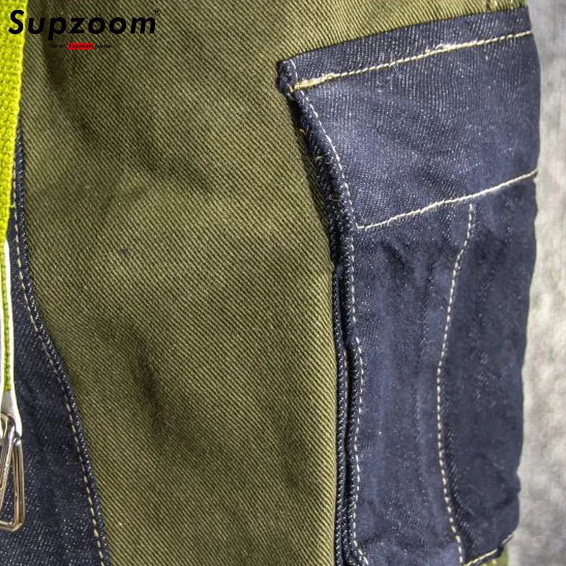 Supzoom Barang Baru Diskon Besar Mode Atasan Musim Gugur Ritsleting Terbang Stonewashed Kasual Patchwork Kargo Denim Kantong Celana Jeans Katun Pria