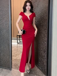 Summer Korean Vintage Hepburn Black Long Dress Gown Women Red Elegant Diamonds V-Neck Sexy Club Dress 2026 Fashion Chic Vestidos