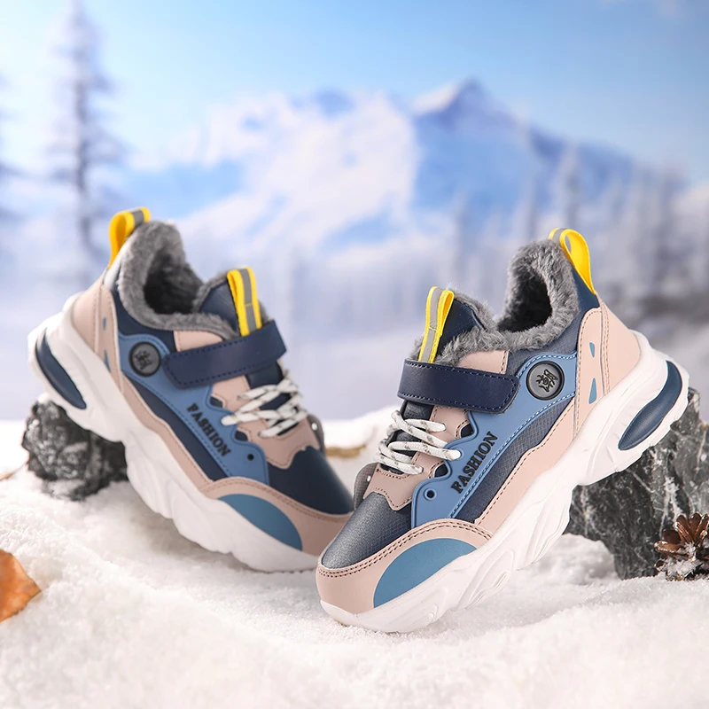 Kids Cotton Shoes Winter Warm PU Leather Sneakers for Children Casual Sports Shoes Comfortable Plush Lining Walking Shoe