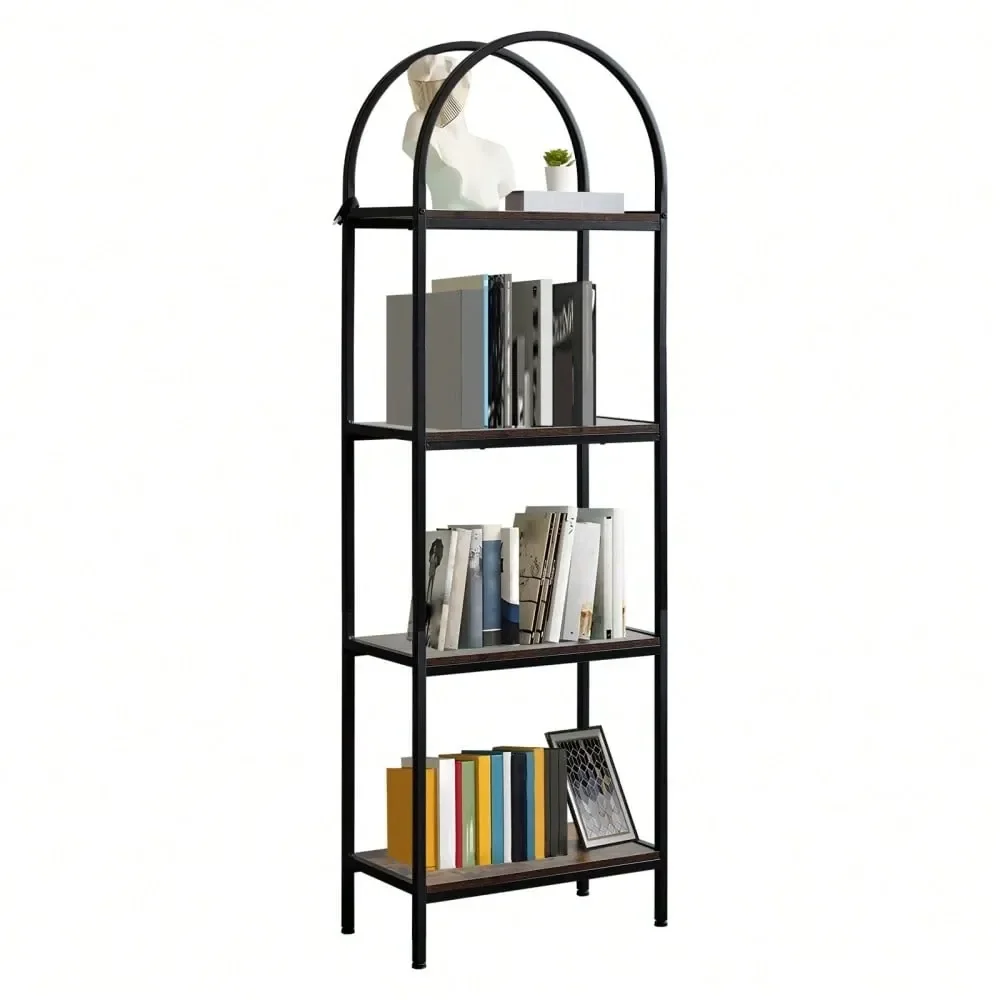 

4 5Tier Arched Bookcase, Industrial Open Book Shelves For Living Room, Modern Freestanding Display Shelving Unit Storage Rack W