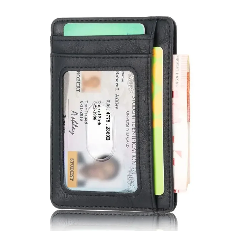 Blocking Leather Slim Wallet Credit ID Card Holder Purse Money Case for Men Women Porte Carte Badge lanyard Card Holder