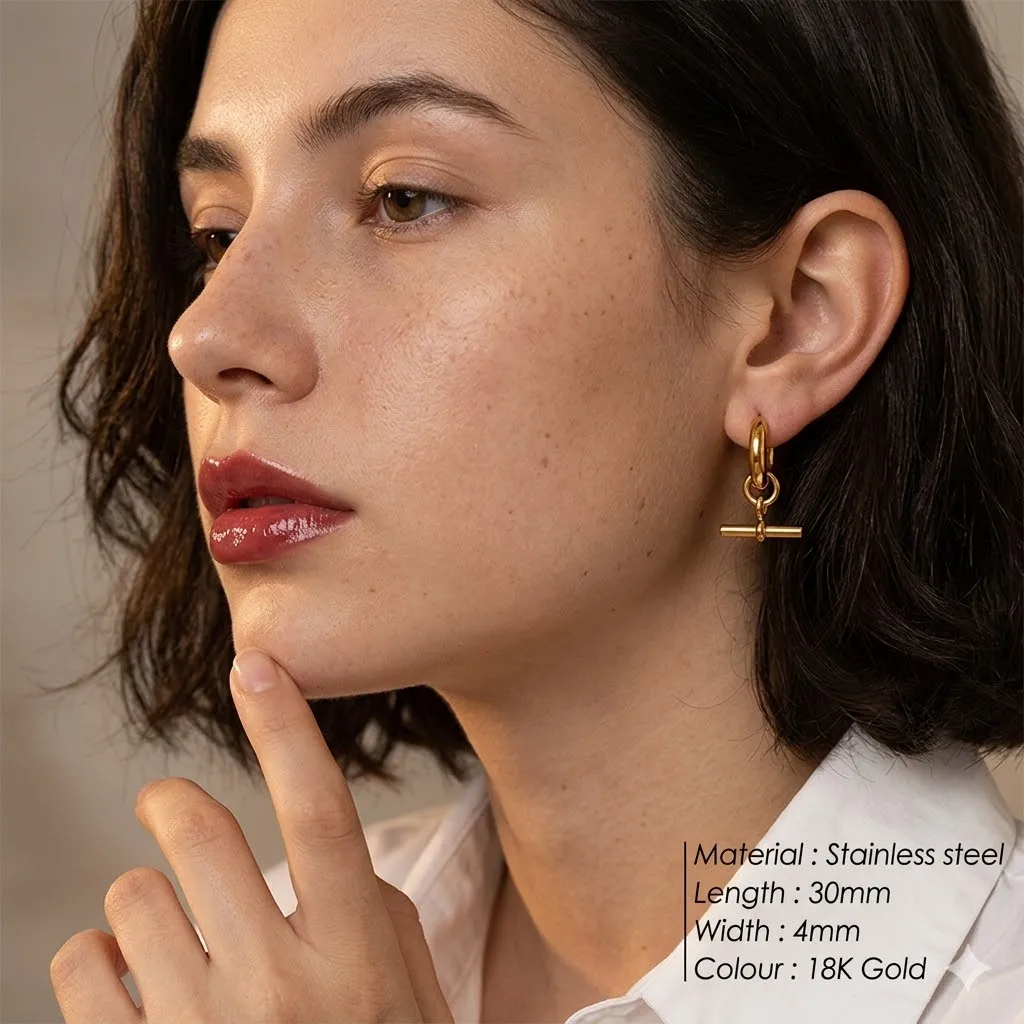 18K Gold Plated Stainless Steel T Bar Hoop Earrings for Women Chunky Huggie Drop Earrings Minimalist Piercing Jewelry 30mm
