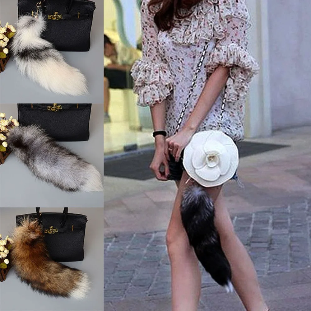 New 40cm Fox Tail Keychain COS Performance Props Beautiful Faux Fur Keyring Bag Pendant Charm