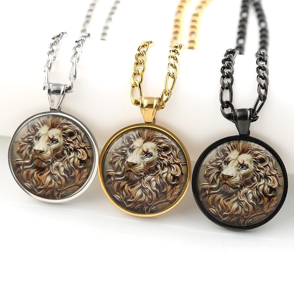 Vintage Lion King Head Glass Round Medal Pendant Necklace for Women Men Gold Plated Stainless Steel Animal Lover Chain Jewelry