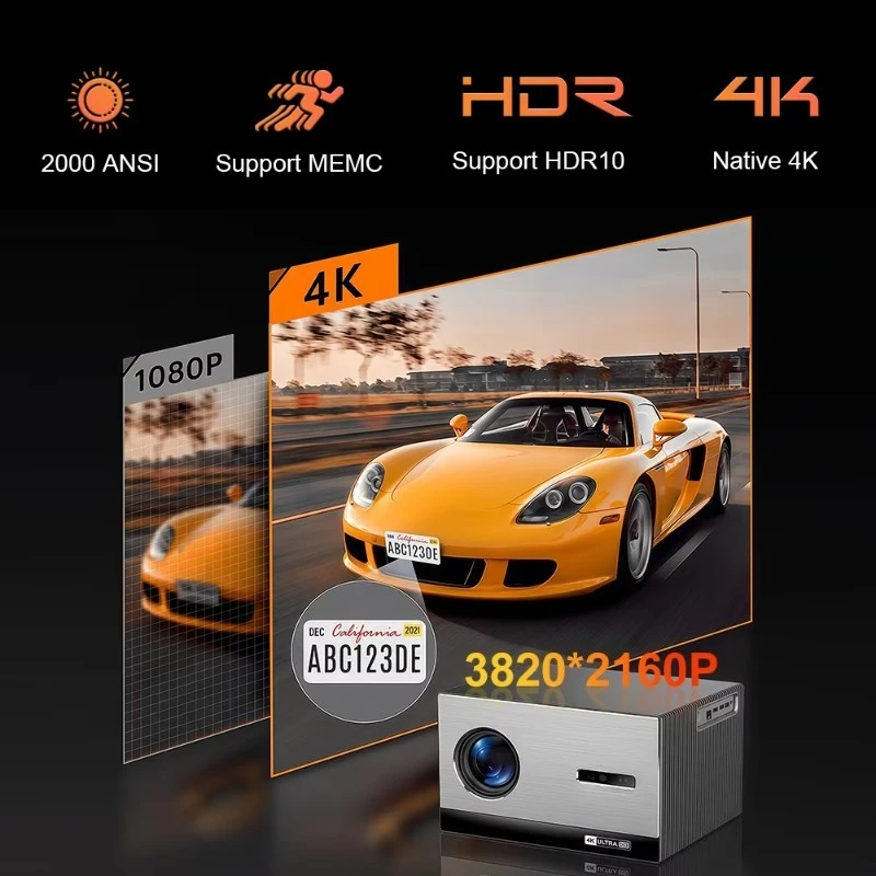 2000 ANSI Lumens Smart Projector 4K Native 3840x2160   Cinelux Auto Focus WiFi Home Game Video Projecteur Projetor 4K
