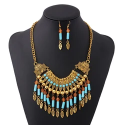 Boho Gypsy Vintage Choker Necklace Earrings for Women Blue Acrylic Bead Crystal Carved Ethnic Dress Collar Indian Jewelry Sets