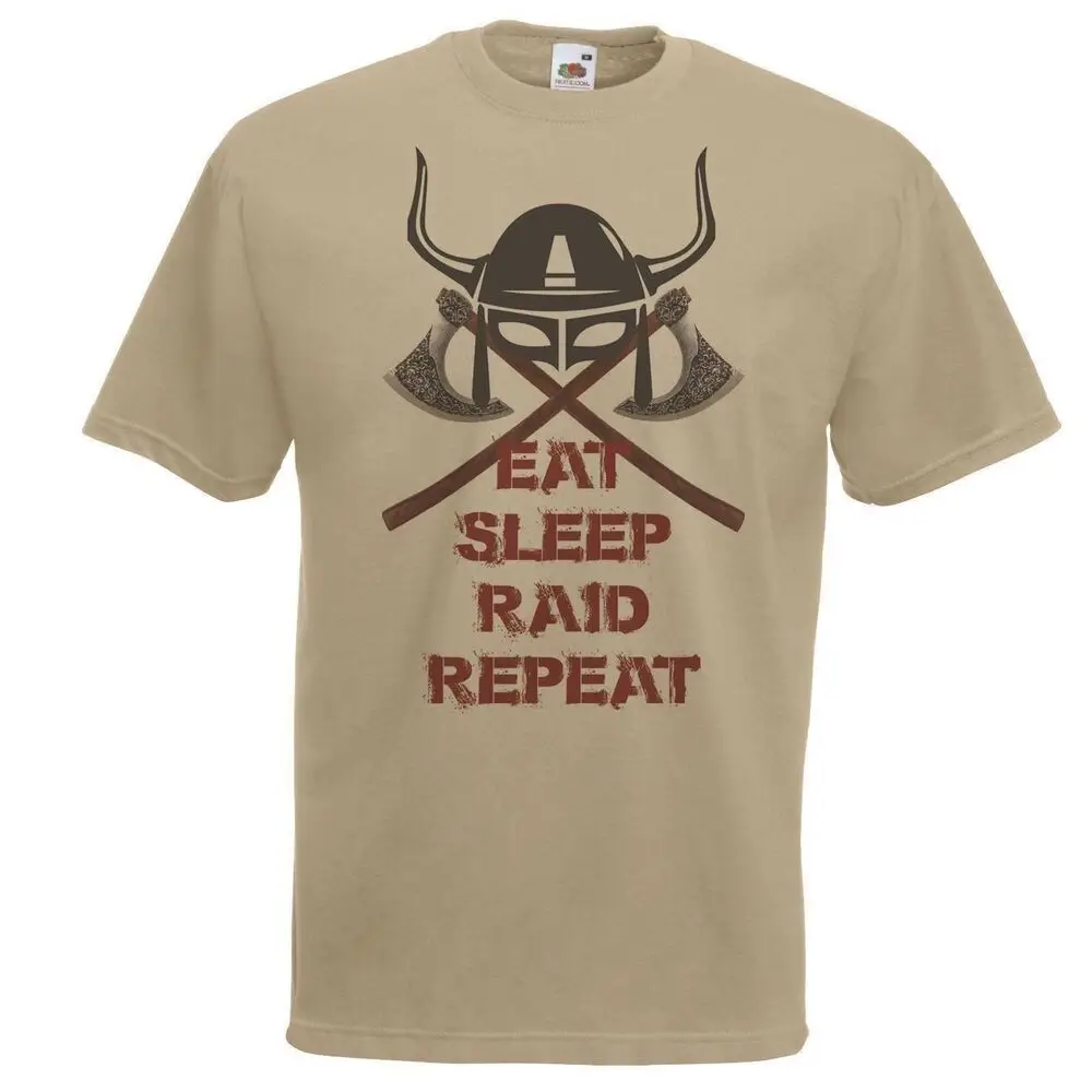 Khaki Eat Sleep Raid Repeat Viking Norsemen Heathen T-Shirt  High Quality 100%Cotton Short Sleeve