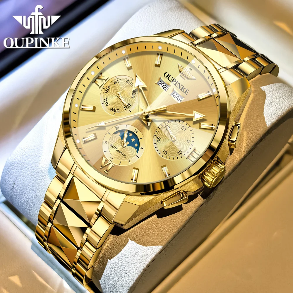 OUPINKE Luxe heren automatisch mechanisch polshorloge Zakelijk Waterdicht Maanfase Datum Week Reloj Mecánico Hombre 시계 남성용 3325