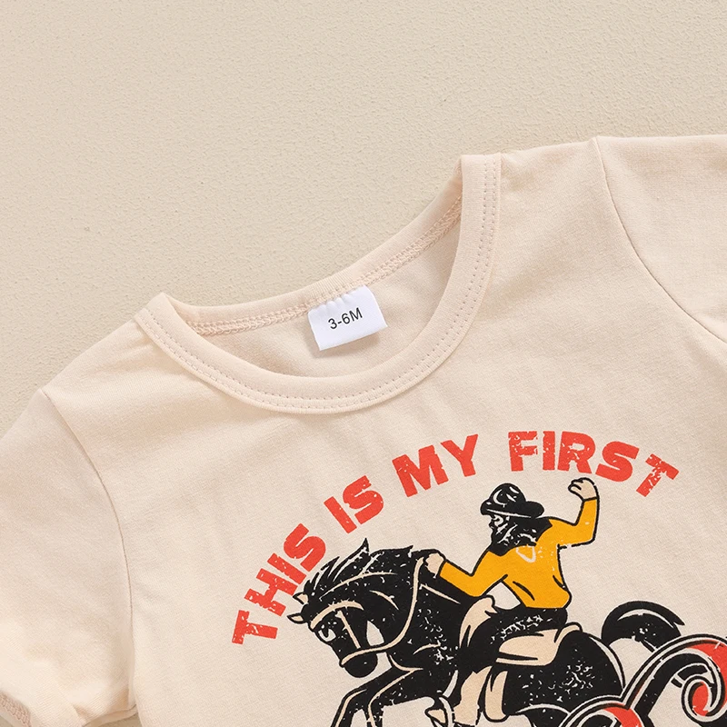

2Pcs Baby Boy Western Outfits Short Sleeve Horse Print Tops Solid Shorts Set Toddler Summer Clothes