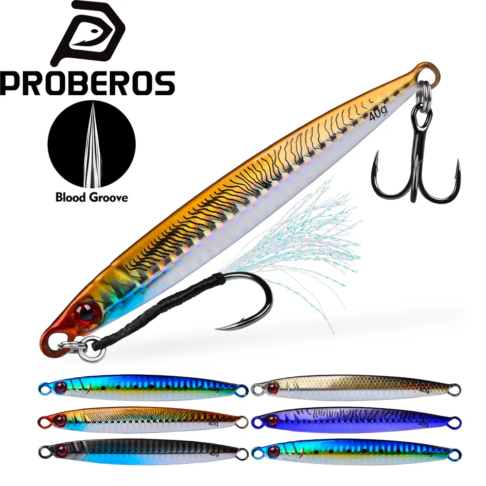 Señuelos de Pesca Proberos de Metal Fundido para Lanzamiento desde la Orilla, Señuelos Artificiales para Pescar Peces como el Lubina, con Anzuelos Auxiliares, Herramientas de Pesca, 14-40g