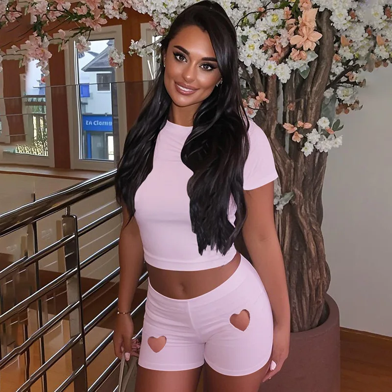 

Women Summer Tracksuits Solid Love Heart Hollow Out 2 Piece Set Short Sleeve T-shirts Crop Tops + Shorts Casual Streetwear Suits
