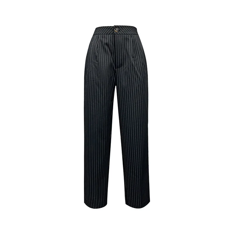 Straight Wide Leg Pants Women Striped Printing High Waist Button Slacks 2024 Autumn Female Casual Basics Ankle Length Trousers