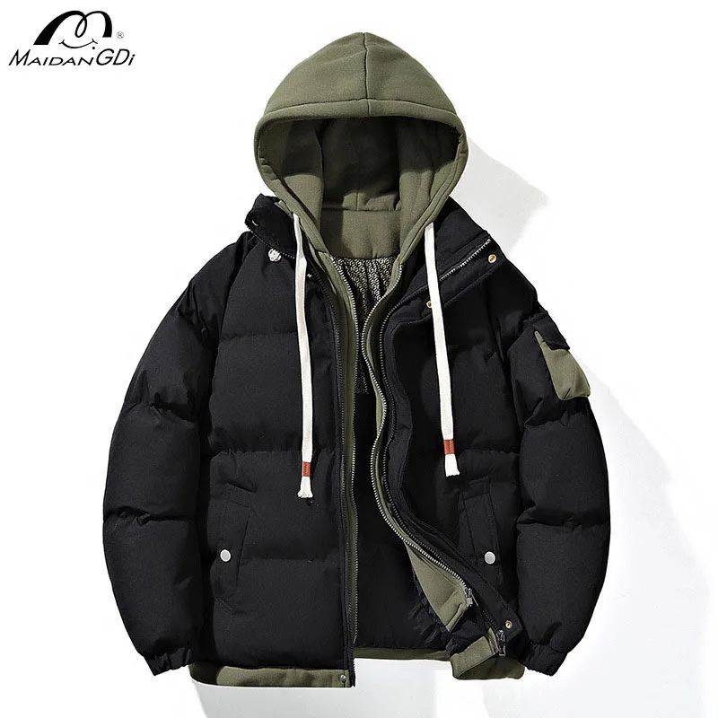 MaiDangDi Fake Two Mens Hooded Down Cotton Jackets Thick Coats Cotton Jackets Outdoor Casual Windproof Men Jackets Male Warm Top