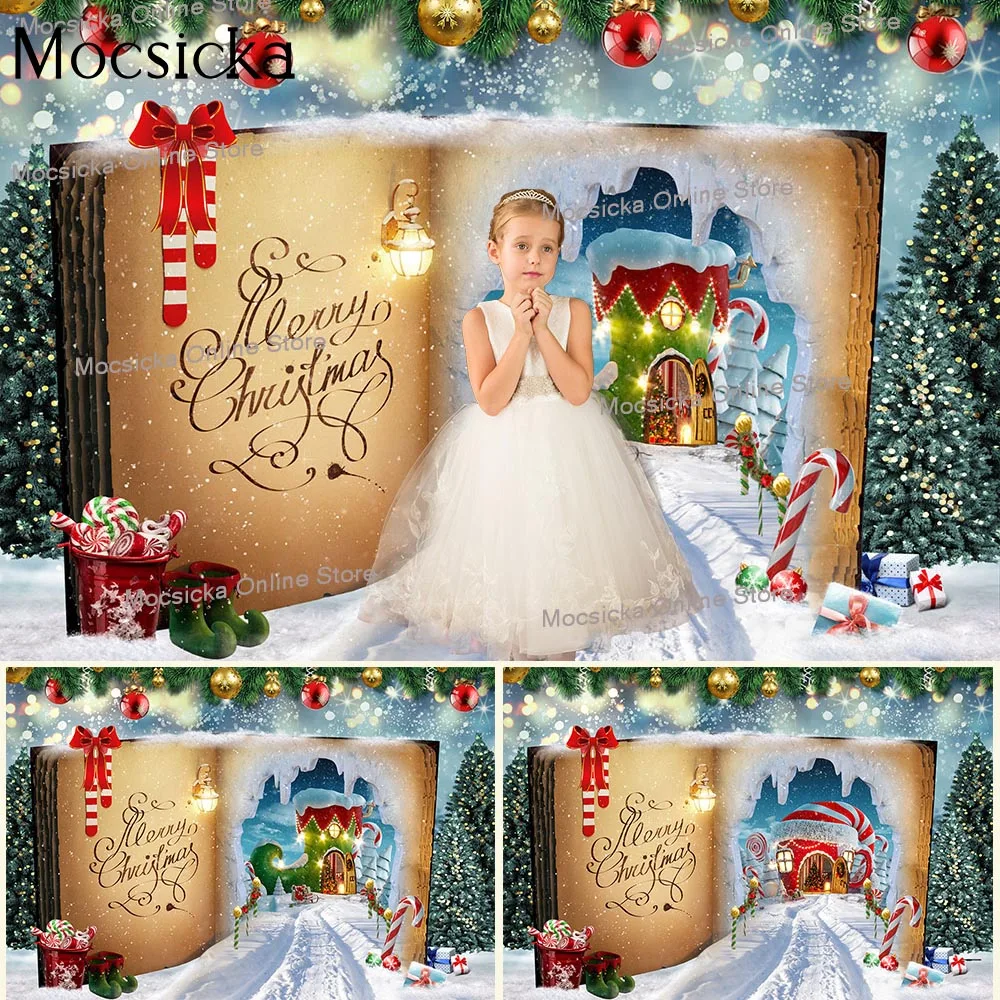 

Merry Christmas Party Backdrop Magic Book Snow Fairy Tale Wonderland Background Children Winter Birthday Portrait Photography