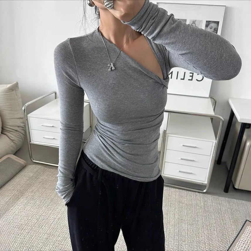 

New INS Versatile Solid Color Fashion Slim-fitting Sexy Long-sleeved Diagonal Neck Design Bottoming Shirt Top Women