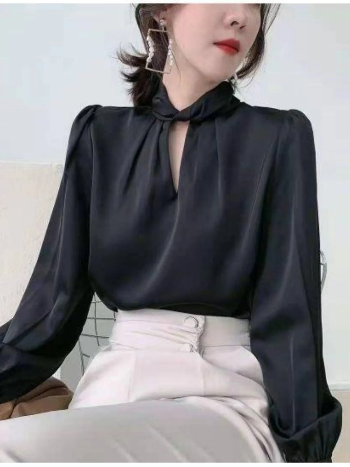 Elegant Long Sleeve Satin Women's Shirt Viscose Acetate Stand Collar Spring Autumn Fashion Design Simple Clean Line Ladylike