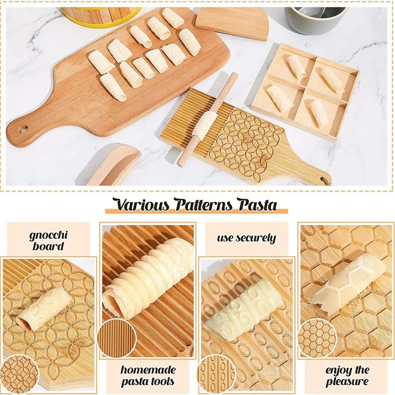 

HRBAJ-7-Piece Gnocchi Pasta Making Tools, Wooden Pasta Board With Ravioli Stamp And Rolling Pin Set, For Homemade Pasta